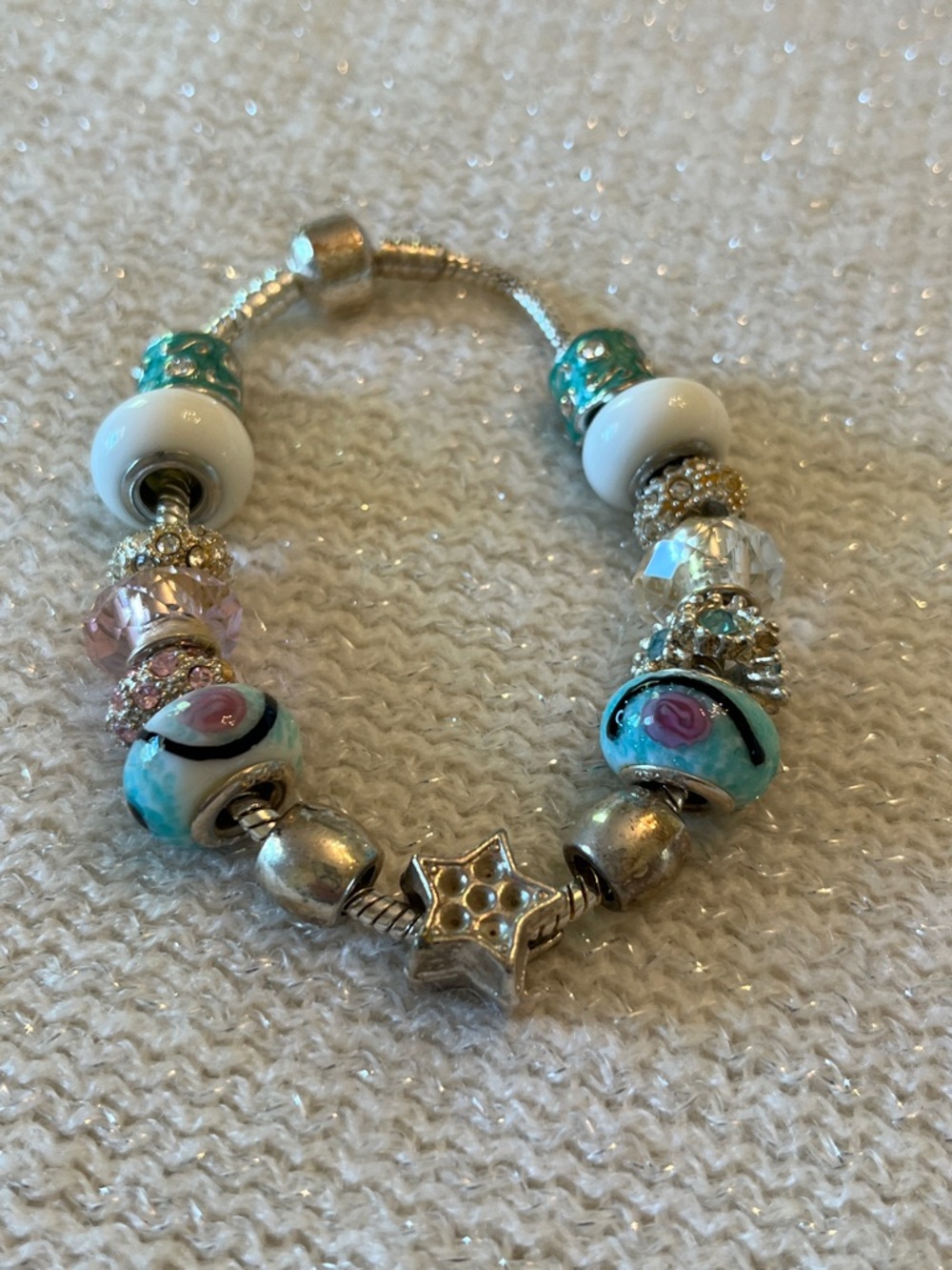 Handcrafted Turquoise & White Beaded Charm Bracelet